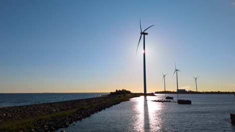 renewable energy from spinning european coastal wind turbines, aerial riser