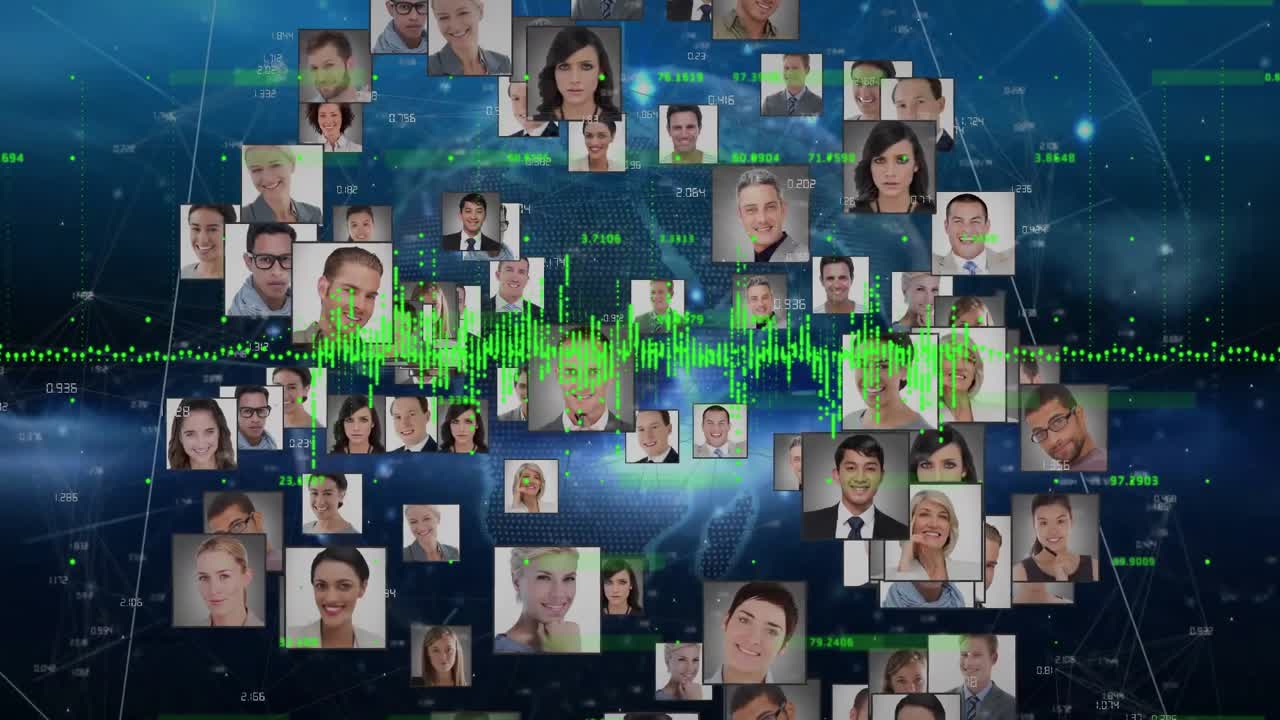 Animation of data processsing over globe with people icons