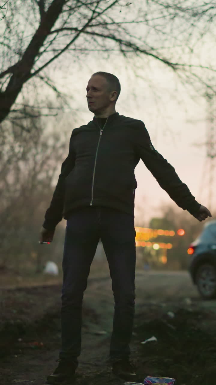 un hombre con una chaqueta verde está al aire libre al anochecer, fumando un cigarrillo con humo visible alrededor de su nariz y boca, la escena se desarrolla en una zona boscosa con un coche en el fondo