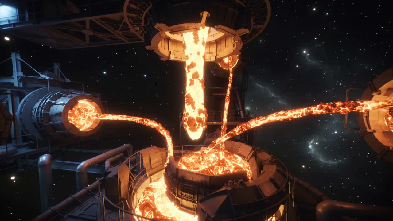 Initiating overhead ring pouring molten flow and 3 arms feeding vat for processing at space plant