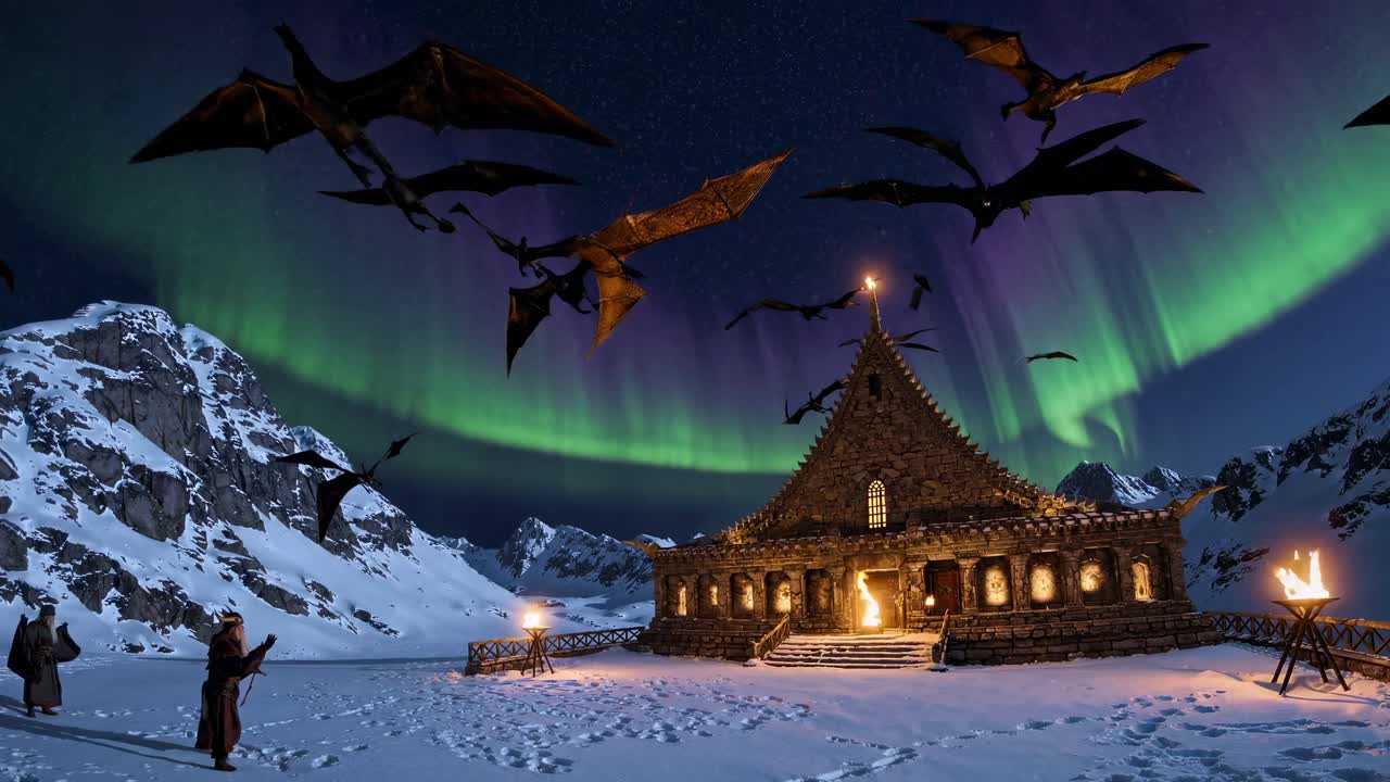 드래곤과 오로라 보레알리스가 산의 사원 위에 있습니다.