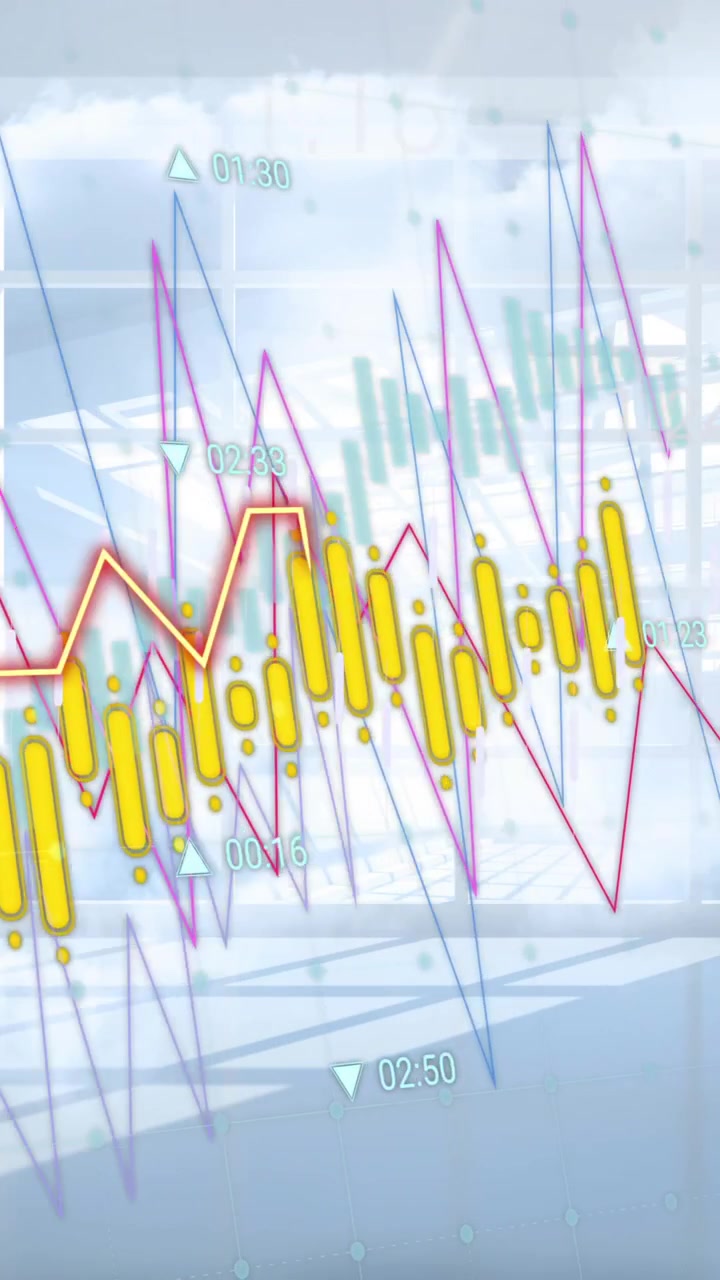 Animation of graphs and charts processing data over sunny room and cloudy sky
