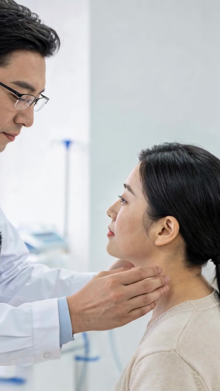 Video verticale: Medico in camice che palpa, appoggiando le mani sul collo per controllare noduli in clinica, spazio per il testo