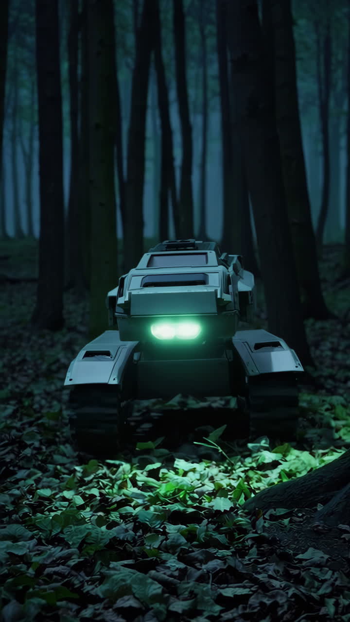 Robot militare in una foresta di notte.