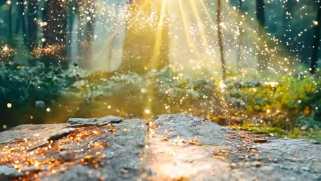 a tree stump in the middle of a forest with the sun shining through the trees