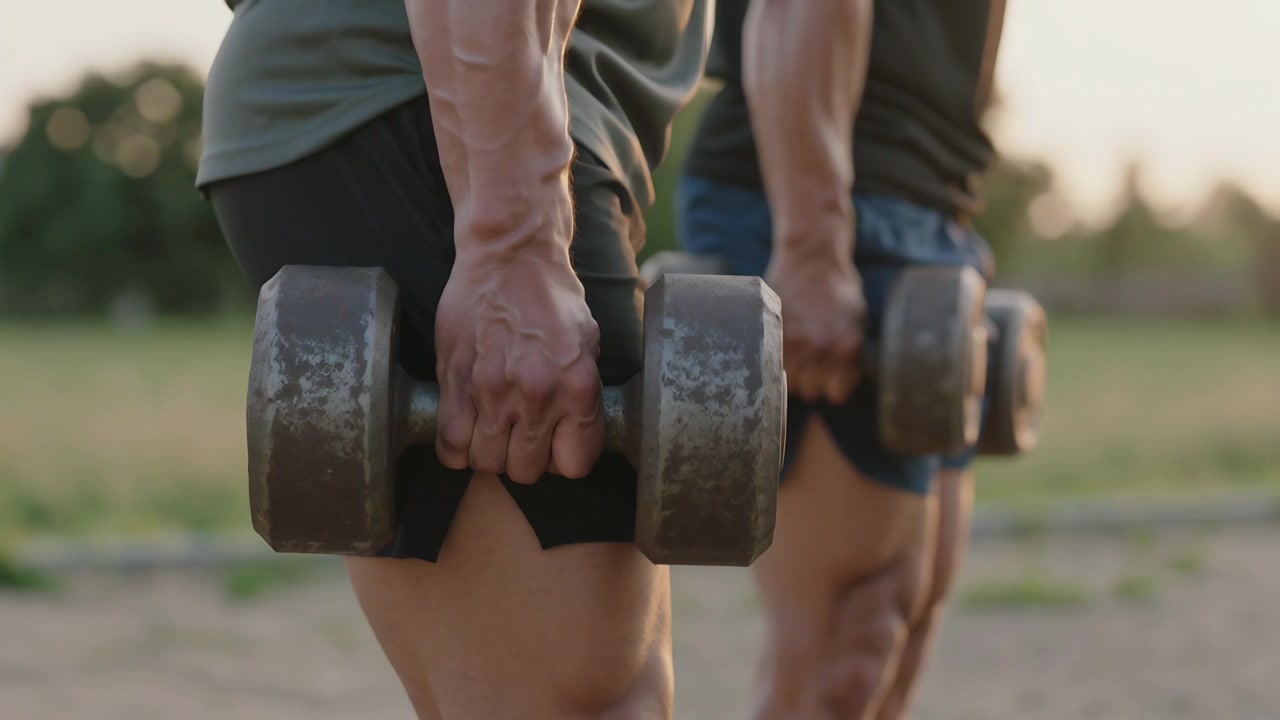 Holding man in dark tee, shorts gripping dumbbells, walking across grass for training, copy space