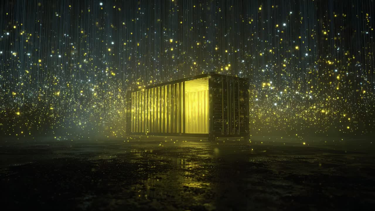 Magical and abstract scene showing a glowing yellow light emanating from inside a dark shipping container as sparkling rain falls at night, creating a mysterious and otherworldly ambiance