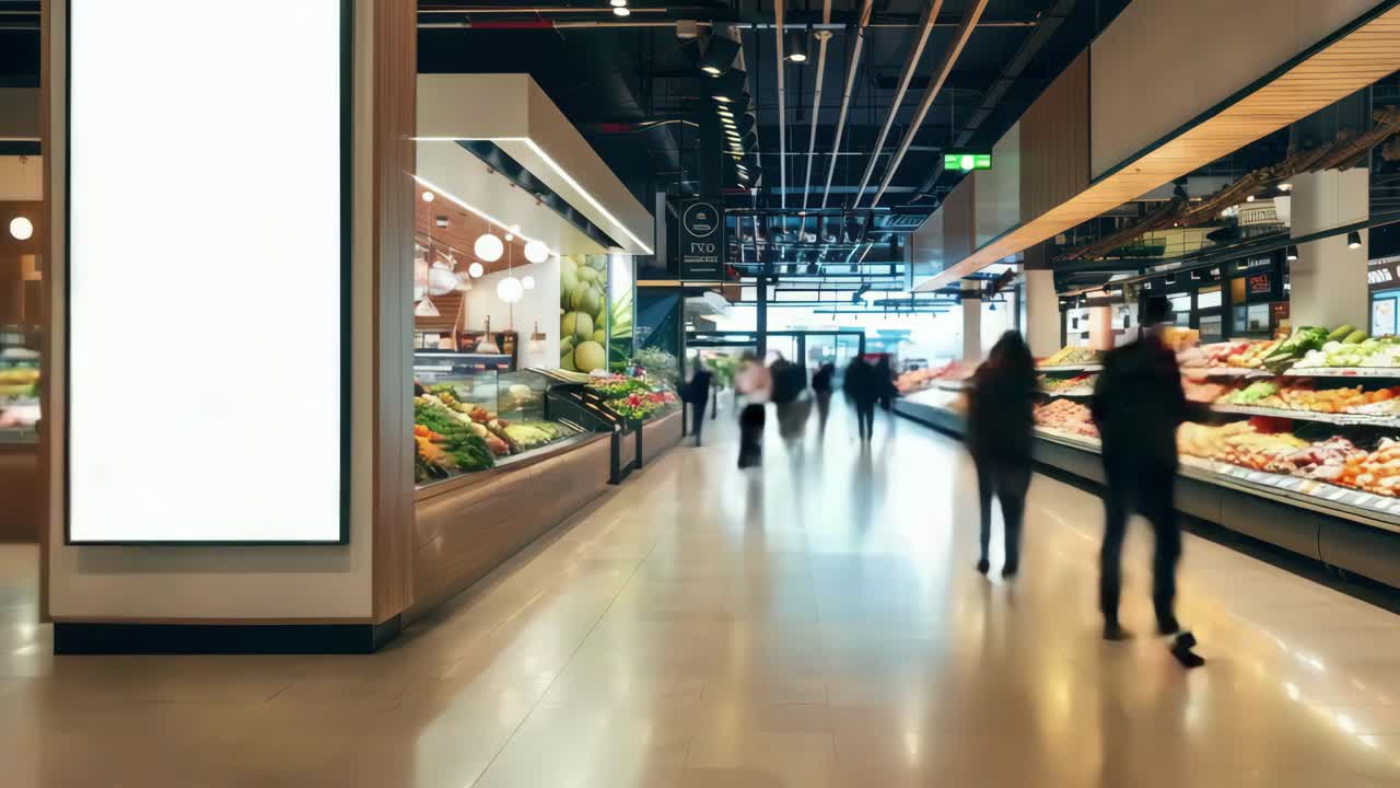 Vidvinkelbilde av en moderne supermarkedsgang med ferske råvarer.