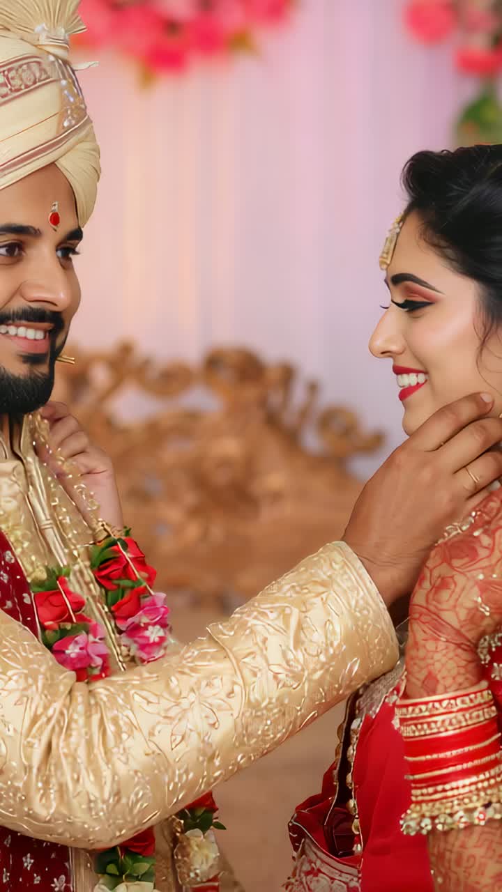 Vertical video: Reaching groom touching bride's chin after varmala on mandap, in sherwani, red sari