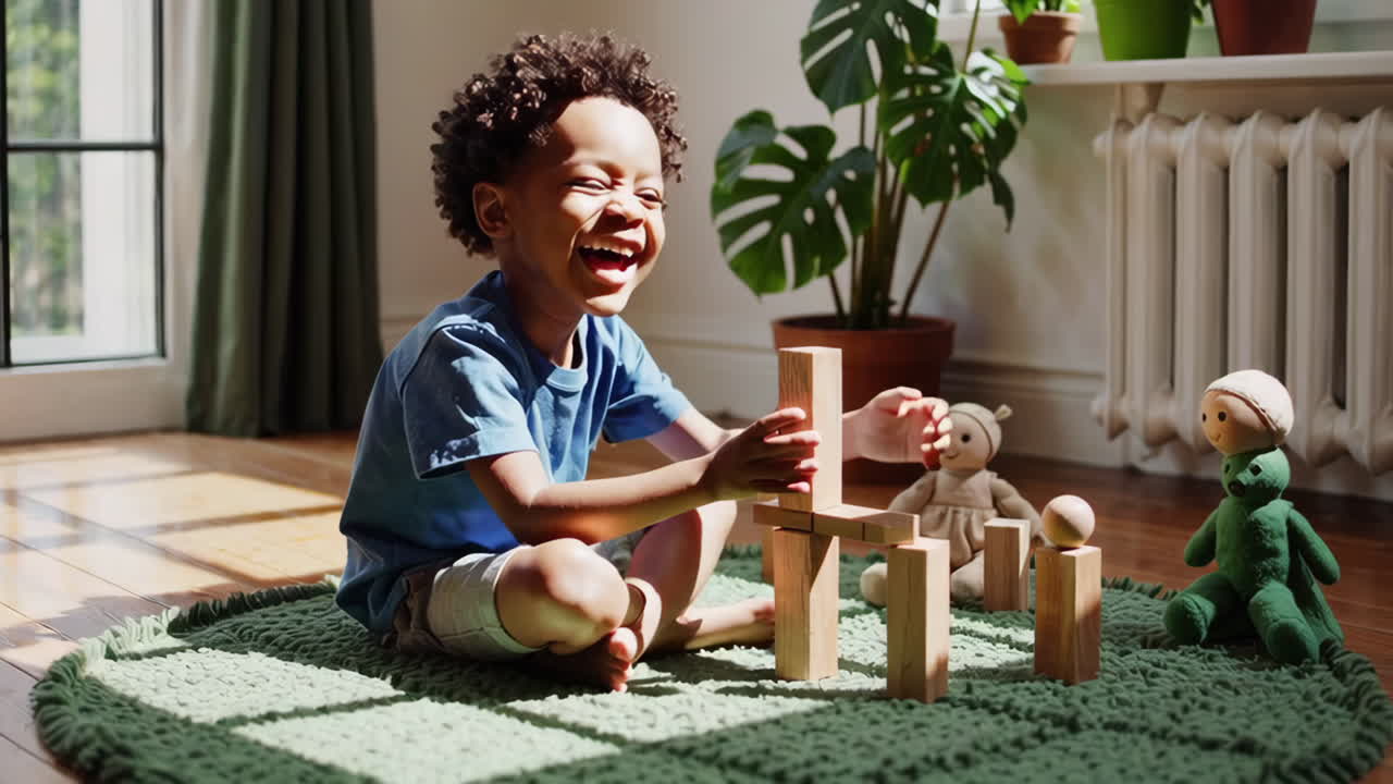 Happy Child Playing with Wooden Blocks