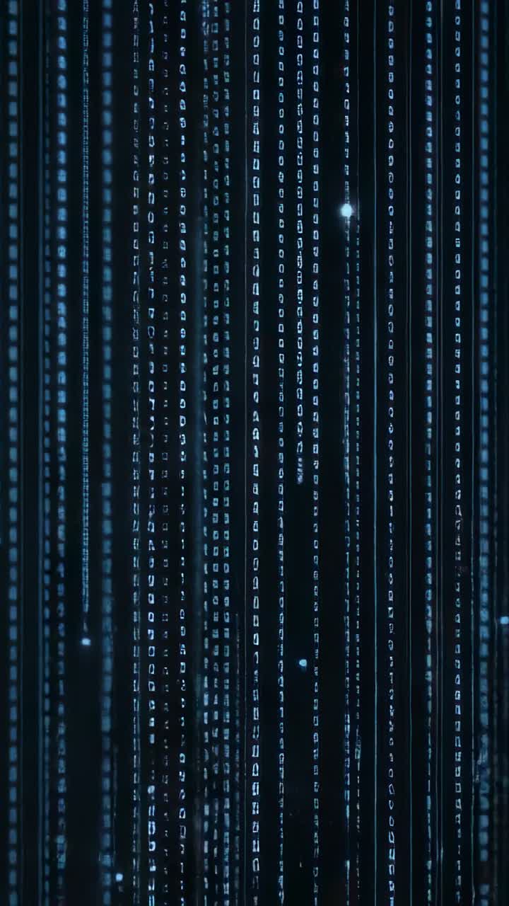 Vertical video: Cascading glowing digital code symbols filling screen, triggered by playback start