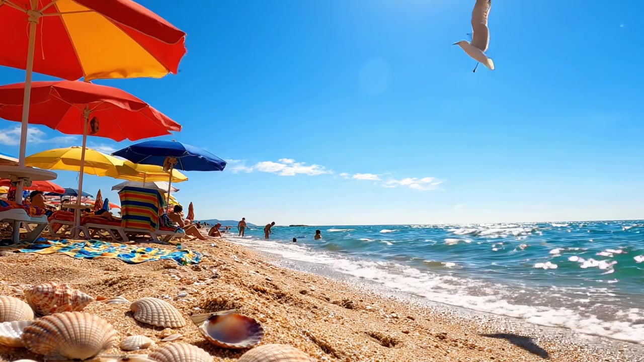 Una bella giornata in spiaggia con ombrelloni colorati, onde scintillanti e conchiglie sulla riva sabbiosa, perfetta per il relax e il divertimento al sole
