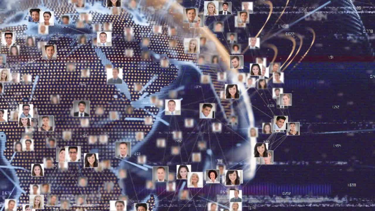 파란색 배경에 반영 된 프로필 아이콘의 전 세계에 대한 vhs 기기 효과의 애니메이션