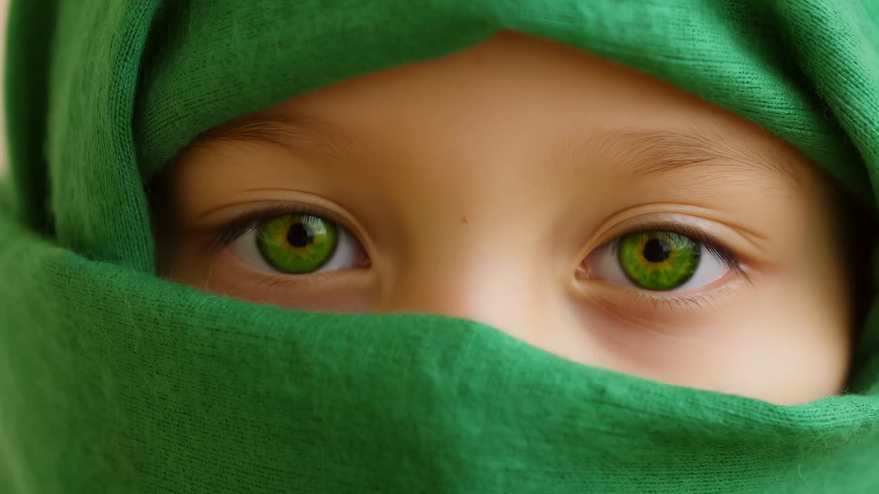 Close-up dos olhos verdes de uma criança espreitando de um tecido verde