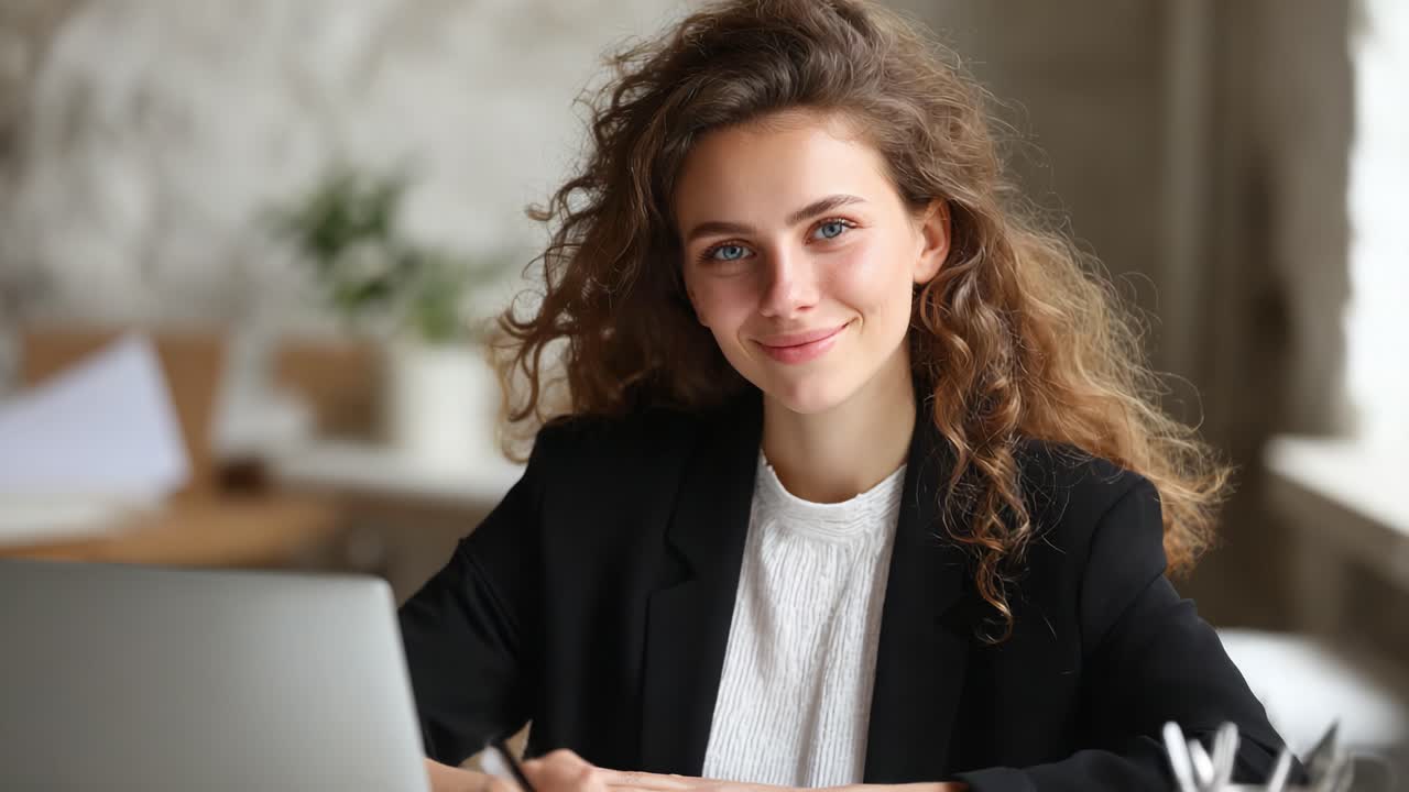 Un giovane professionista sicuro di sé con i capelli ricci, impegnato a lavorare in un ufficio luminoso, che irradia positività ed entusiasmo in un ambiente di lavoro moderno