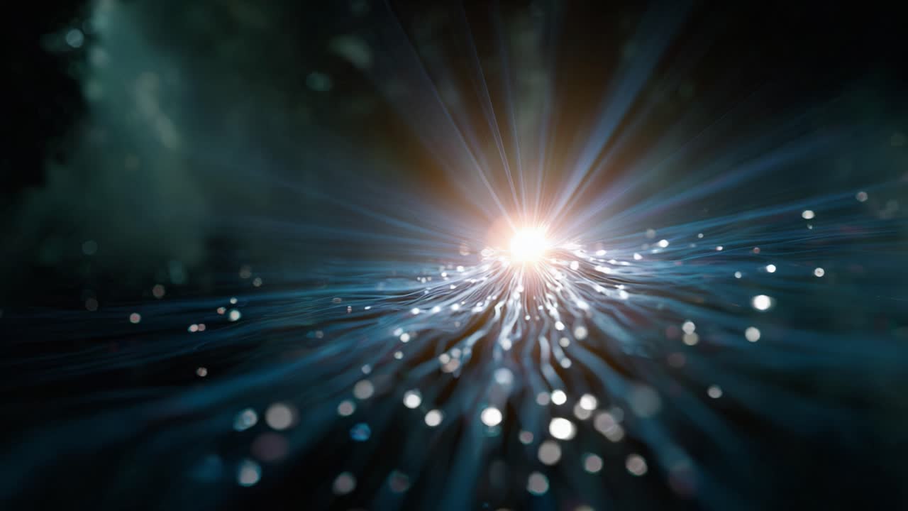 Esplosione di Luce Radiosa: Una visualizzazione astratta di energia che scorre attraverso lo spazio, creando un'accattivante esposizione di raggi colorati e punti scintillanti nell'oscurità