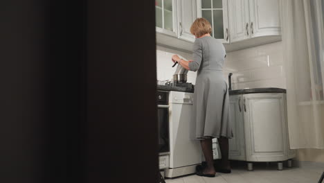 lady seen from behind dancing and cooking in modern kitchen, stirring with one hand while enjoying her cooking experience, casual and joyful atmosphere in well-lit kitchen