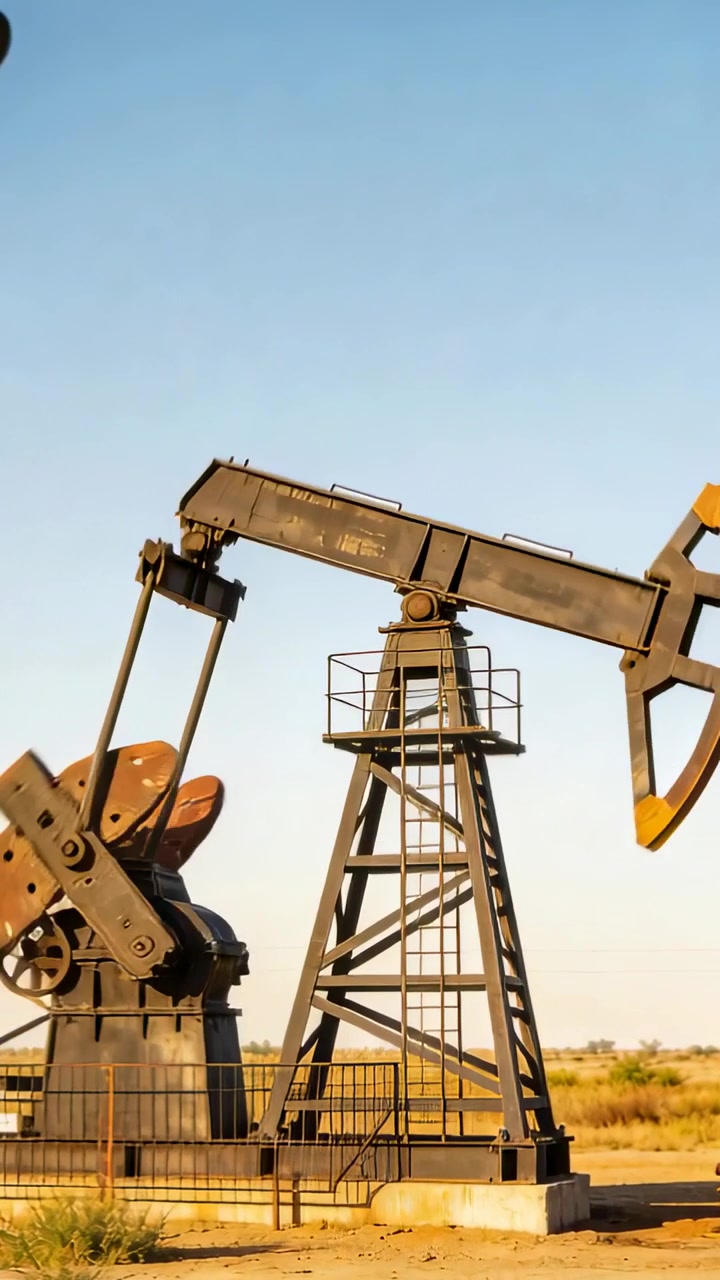 Vertical video: Moving pumpjack horsehead lowering with flywheel turning at fenced pad, pumping oil