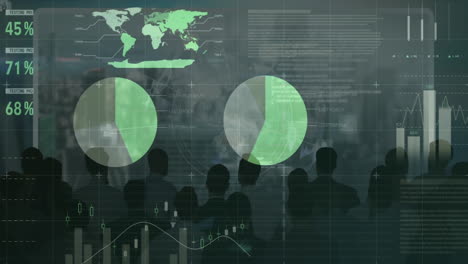 animation of statistical data processing on rear view of businesspeople looking out of office window