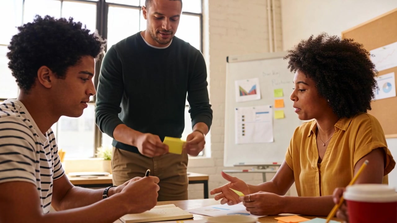 Stepping lead in green sweater placing yellow notes, assigning tasks at office table near window