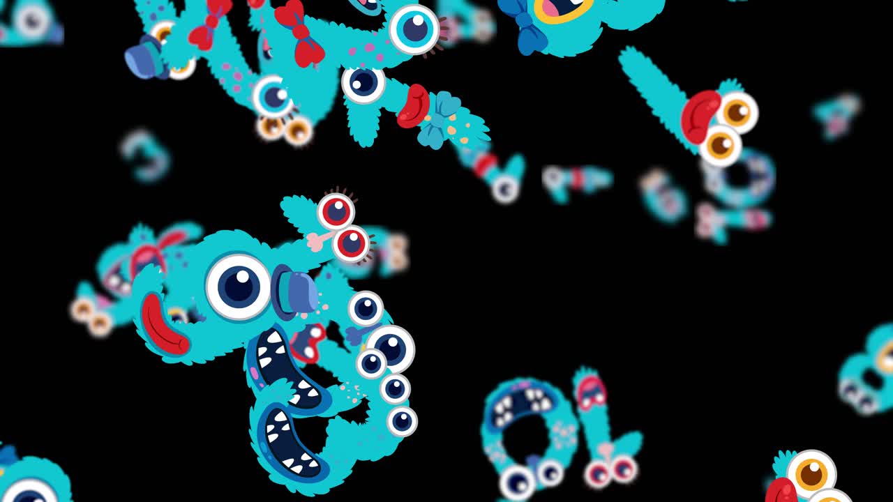 Colorful blue monsters with big eyes move energetically against a black background, creating a whimsical and lively atmosphere