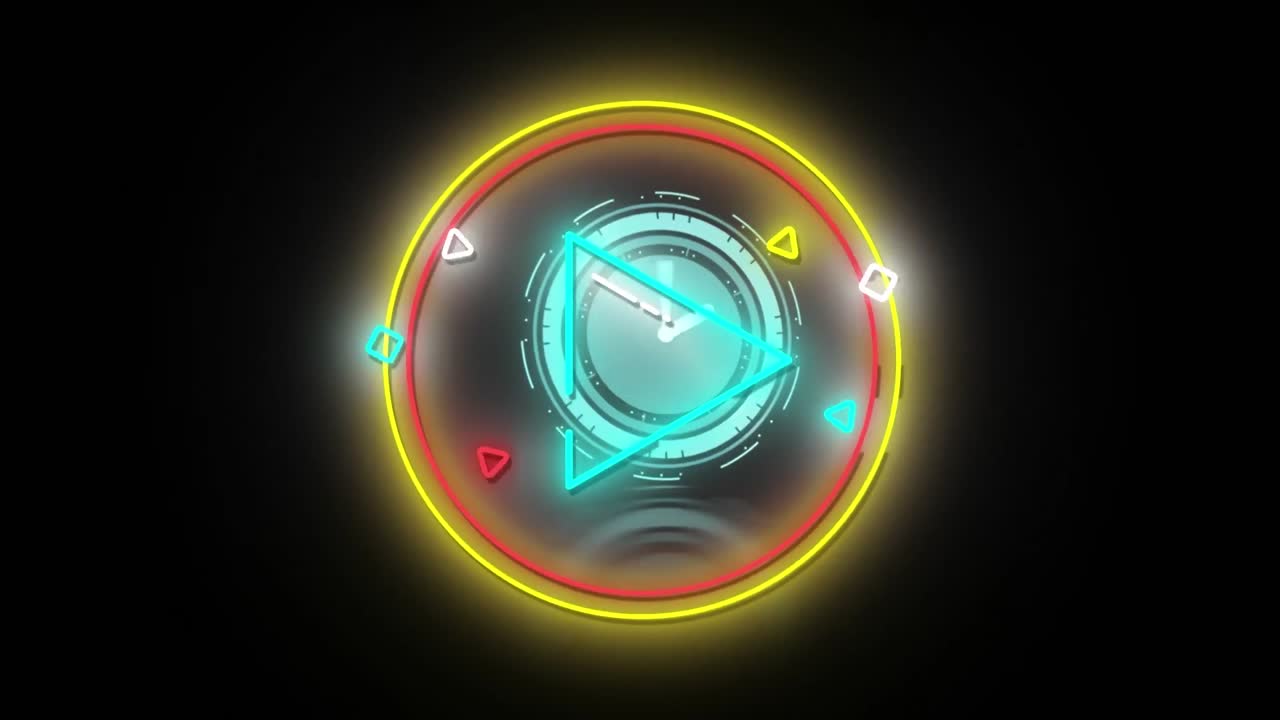 animación del triángulo de juego azul en rojo y amarillo anillo sobre el reloj de carga de datos en negro