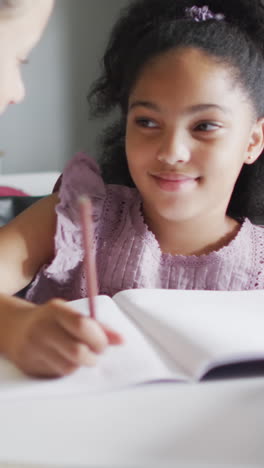 video de niñas diversas felices en el escritorio haciendo lecciones juntas en el aula