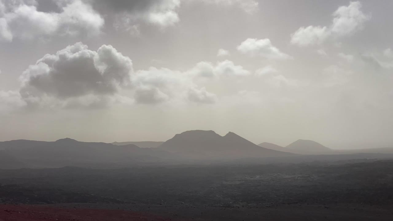 Nature landscape shot panning left across Timanfaya National Park, Lanzarote