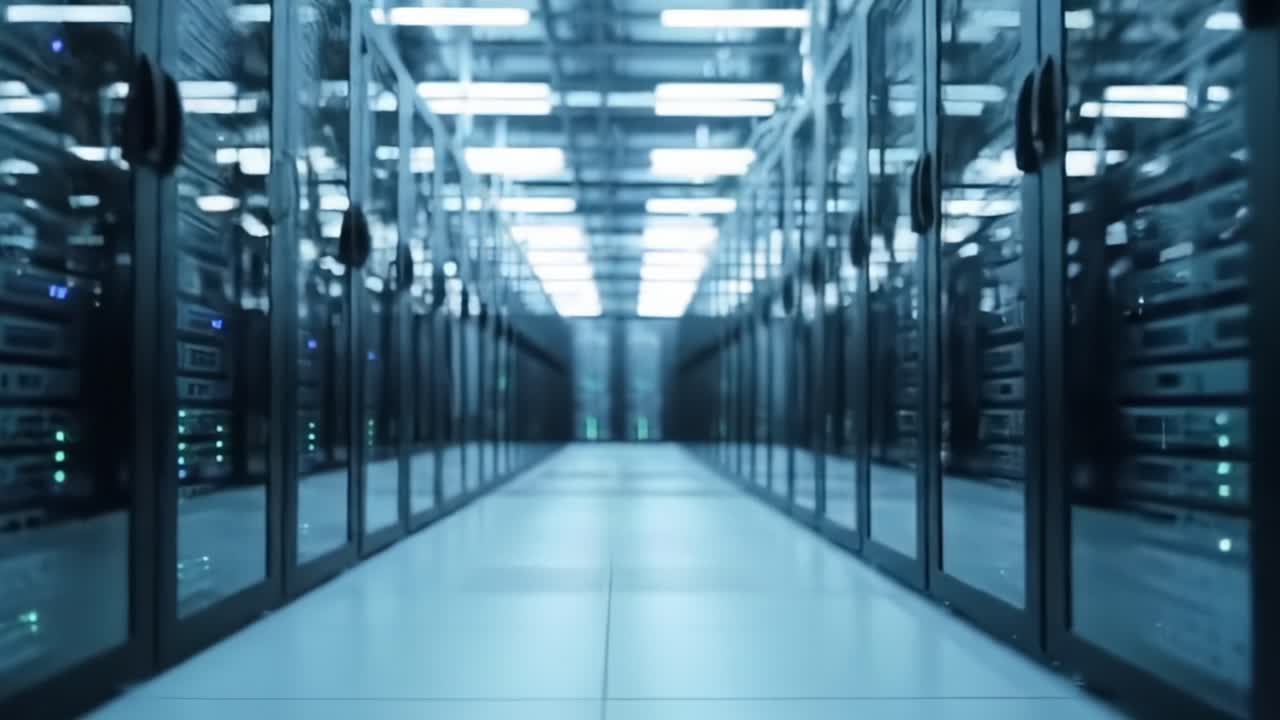 Un data center dedicato: all'interno della moderna infrastruttura del cloud computing, che mostra file di server e apparecchiature high-tech in un ambiente scarsamente illuminato