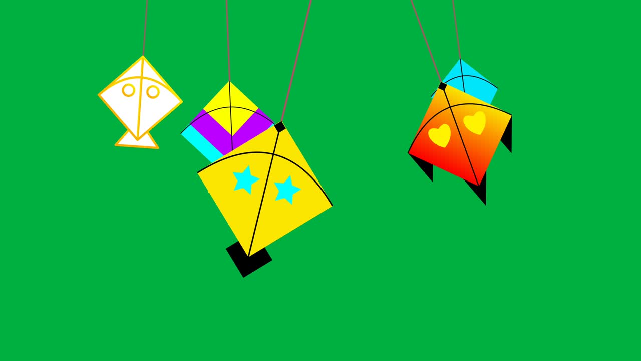 animación de cometas coloridas aisladas en pantalla verde. animación de movimiento de bucle sin fisuras para makar sankranti y el festival de cometas.