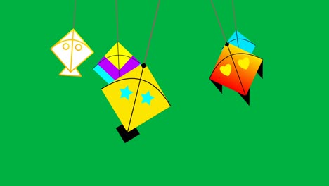 swinging colourful kites animation isolated on green screen. seamless loop motion animation for makar sankranti and kite festival.