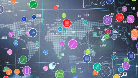 animation of network of connections with digital icons over world map in background