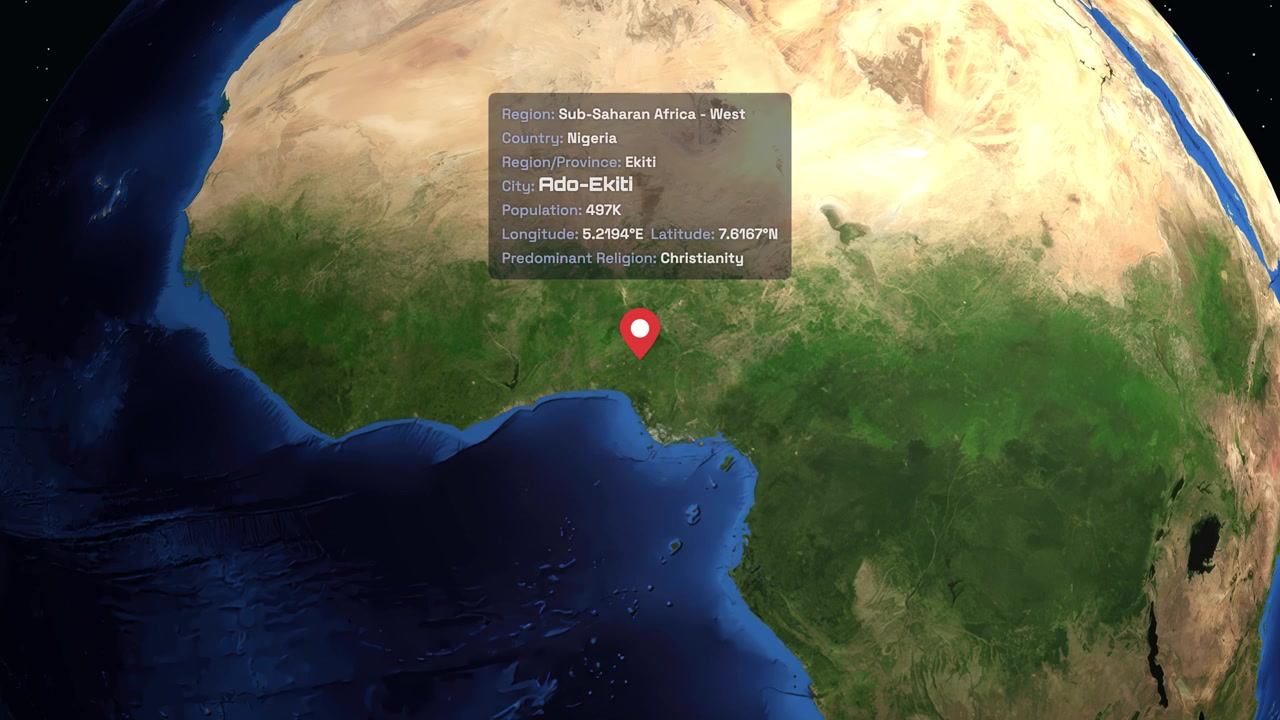 Digital globe rotates and zooms into West Africa, pinpointing Ado Ekiti with demographic information overlay