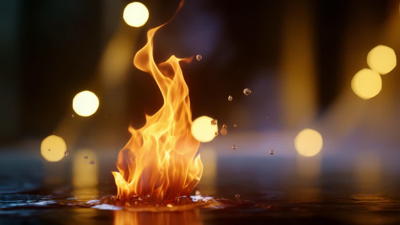 Spectacular Dance of Flames: Captivating Fire Flickers Above Calm Waters with Sparkling Droplets in Soft Glowing Light, Creating a Mesmerizing Visual Experience
