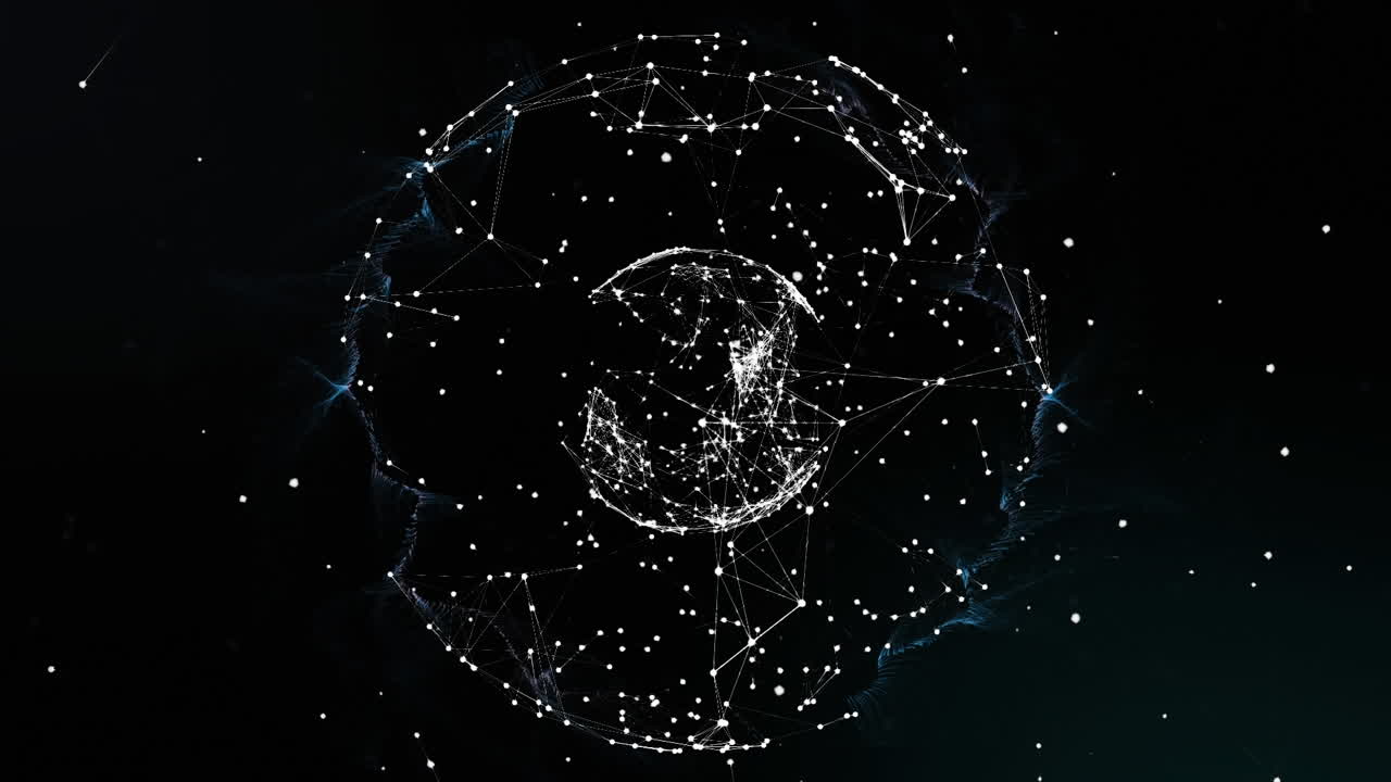 Animazione di una rete luminosa di connessioni che ruota su sfondo nero