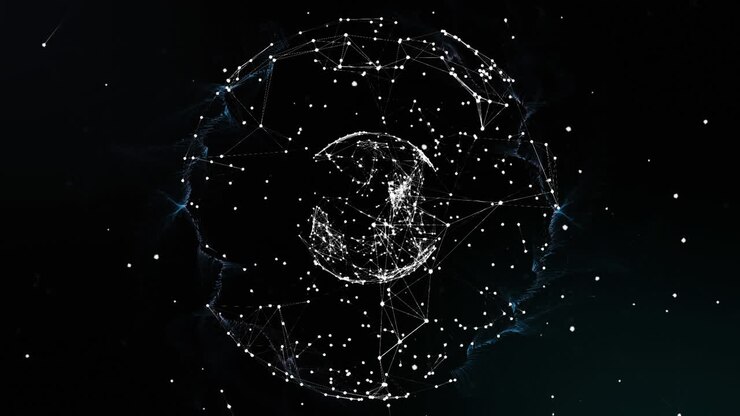 Animazione di una rete luminosa di connessioni che ruota su sfondo nero