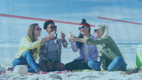 animación de números y letras cambiantes sobre diversos amigos disfrutando de bebidas en la playa