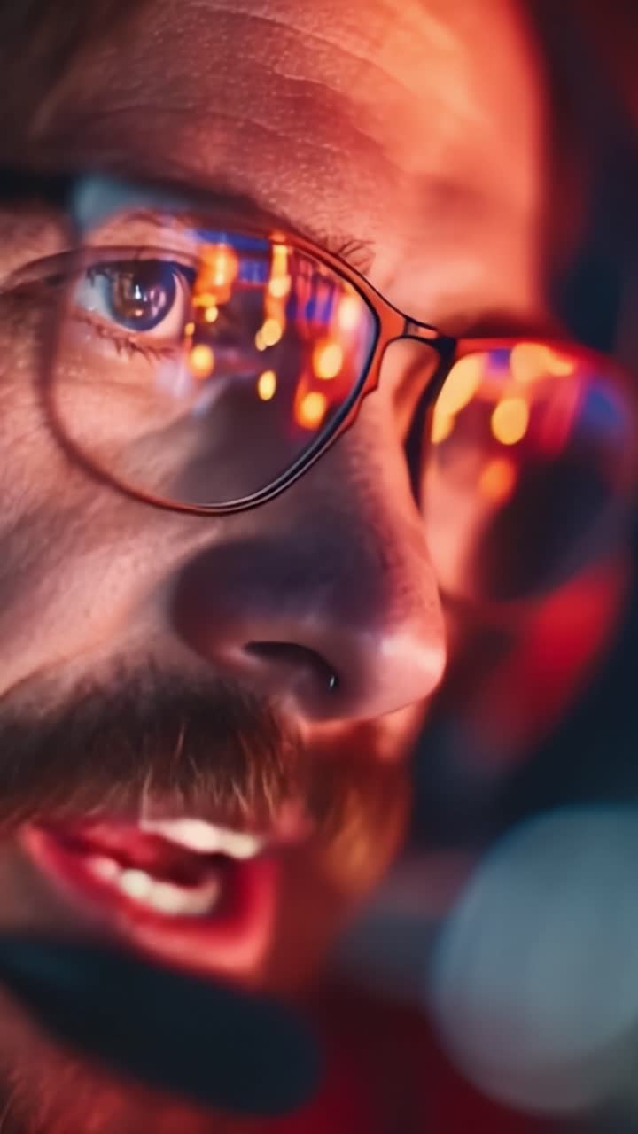 Close-Up of a Focused Gamer in Action, Engaged in Intense Online Play with Emotional Expressions Captured Through Vibrant Reflections and Gaming Headset