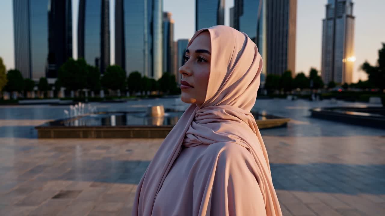 Elegant businesswoman wearing a hijab is enjoying a peaceful evening stroll through a city's business district, with modern skyscrapers and a serene fountain in the background during sunset