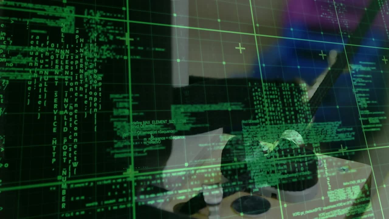 On detection green grid overlay shifting down-right, revealing desk, camera lens, reflected person