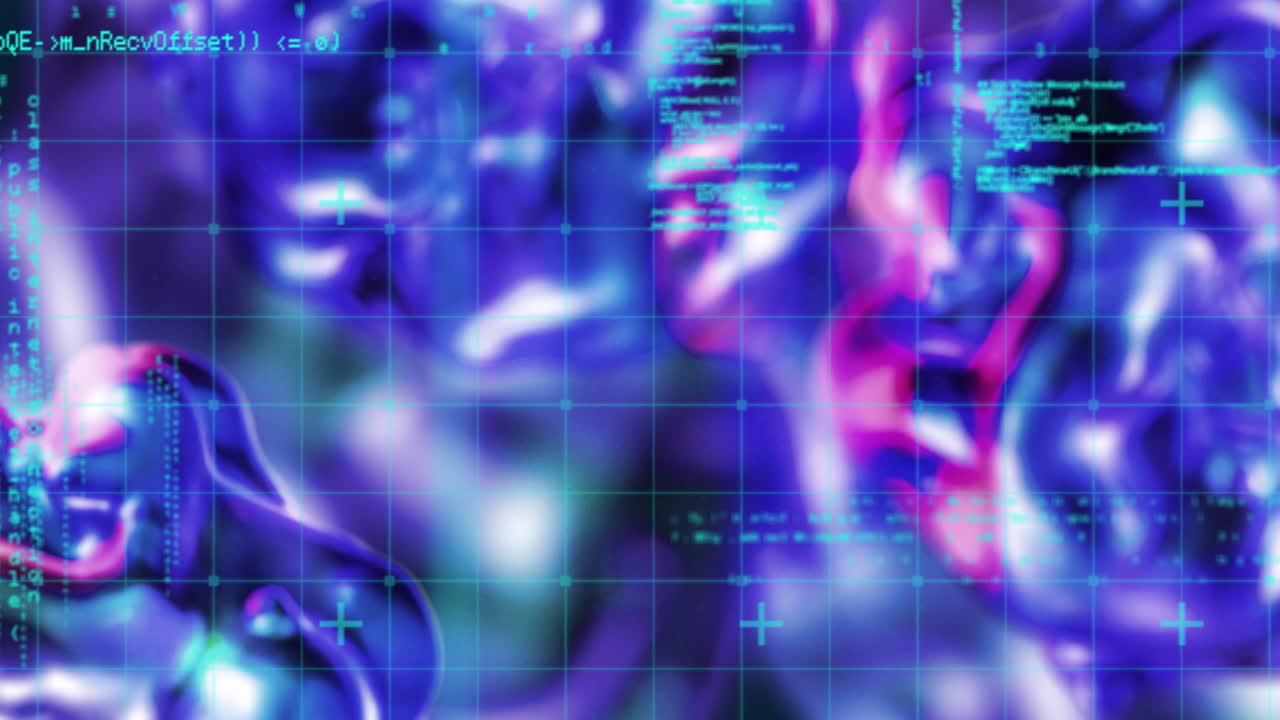 Digital code and data processing animation over abstract blue and purple background