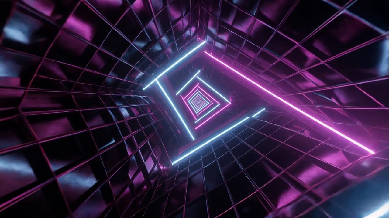 Volando attraverso un tunnel astratto futuristico a griglia di luci al neon
