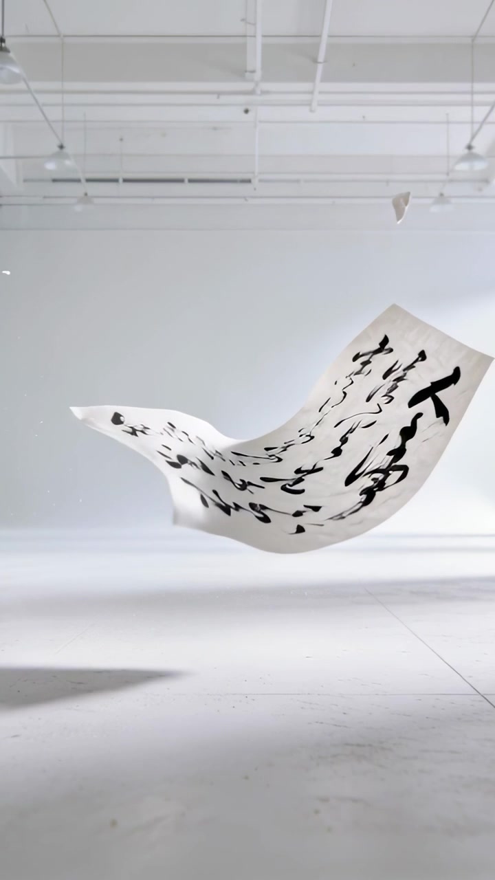 Video verticale: Carta da calligrafia che fluttua e ruota in uno studio bianco per effetto del flusso d'aria, con un frammento che galleggia.