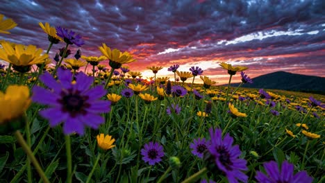 a field bursts with lively flowers in shades of purple and yellow, creating a stunning visual spectacle against a backdrop of dramatic clouds. as the sun dips on the horizon, the sky transforms into a canvas of warm colors, enhancing the beauty of the landscape. this natural setting reflects the tra