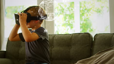 animación de la red de conexiones, globo y procesamiento de datos sobre el niño en el auricular vr