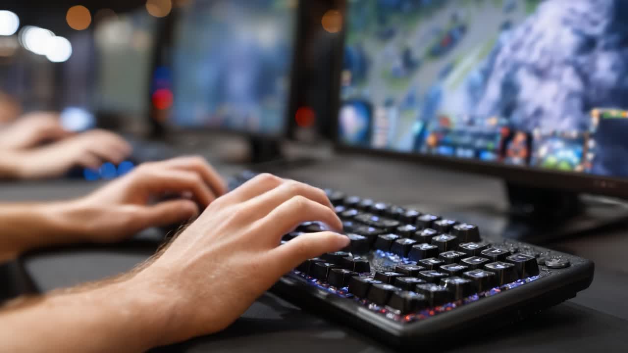 Intense Gaming Session: Close-Up of Hands on Keyboard with Monitors Displaying an Action-Packed Multiplayer Game Experience