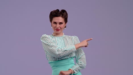 elegant woman in retro attire pointing and gesturing