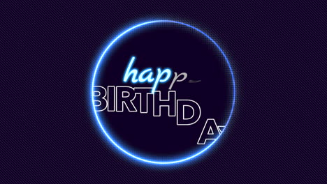 círculo de cumpleaños feliz azul neón brilla contra un fondo azul oscuro