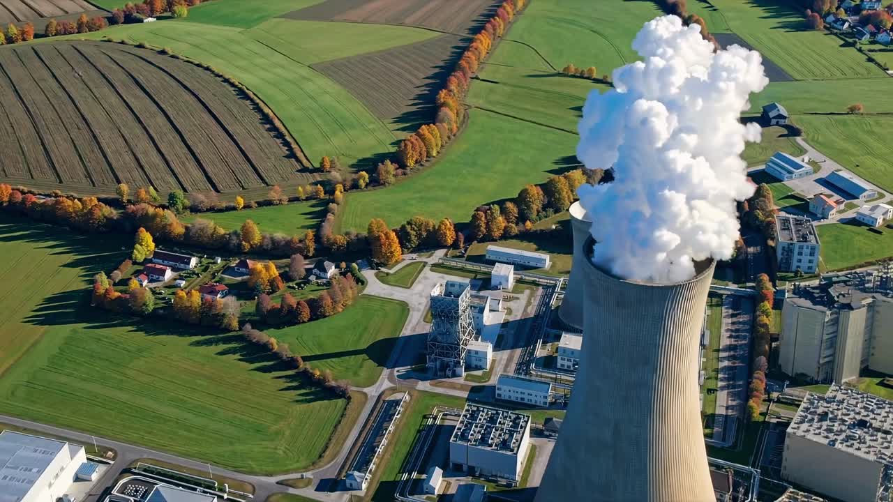 Aerial video view of a nuclear power plant with cooling tower emitting steam, surrounded by fields