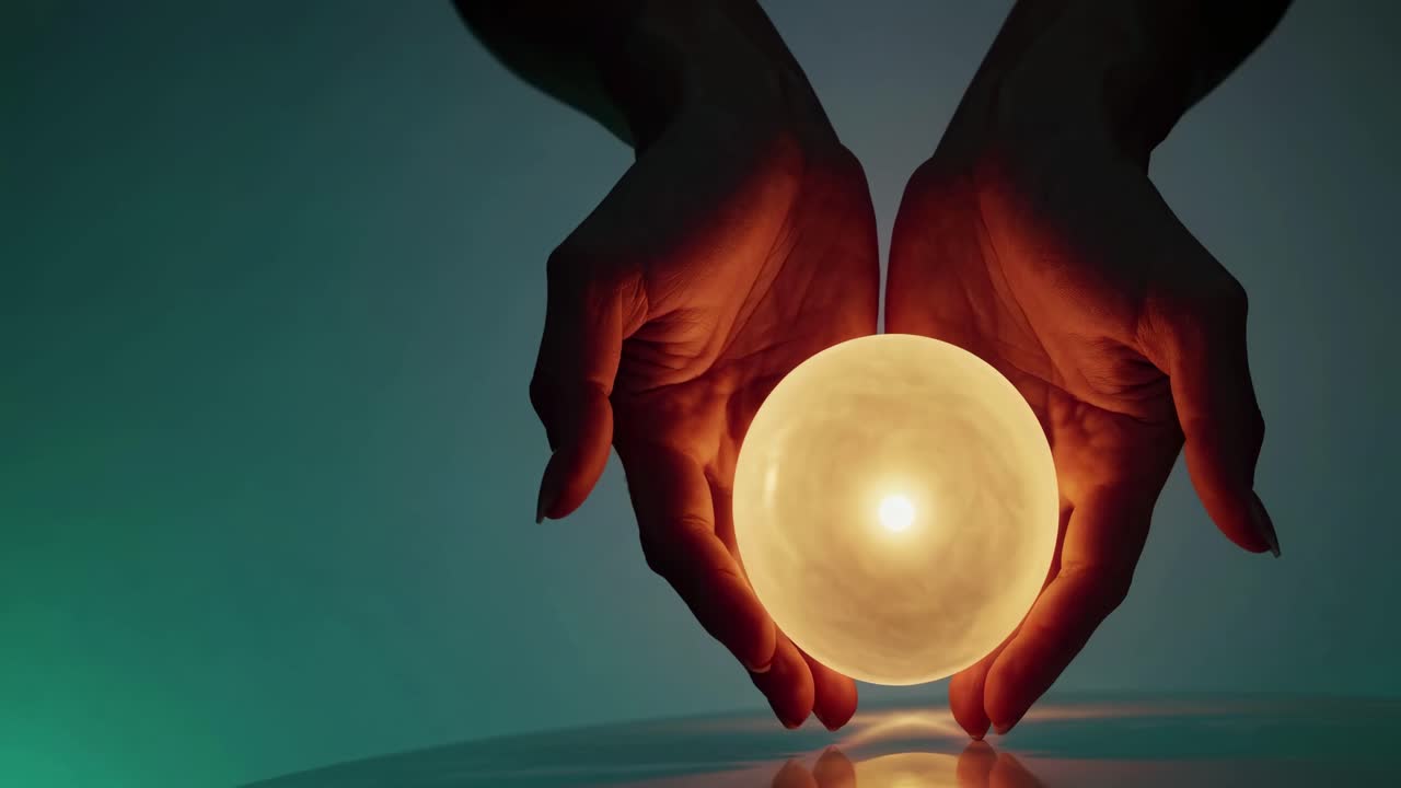 A close-up shot of hands gently cradling a glowing orb, creating a mystical and serene atmosphere